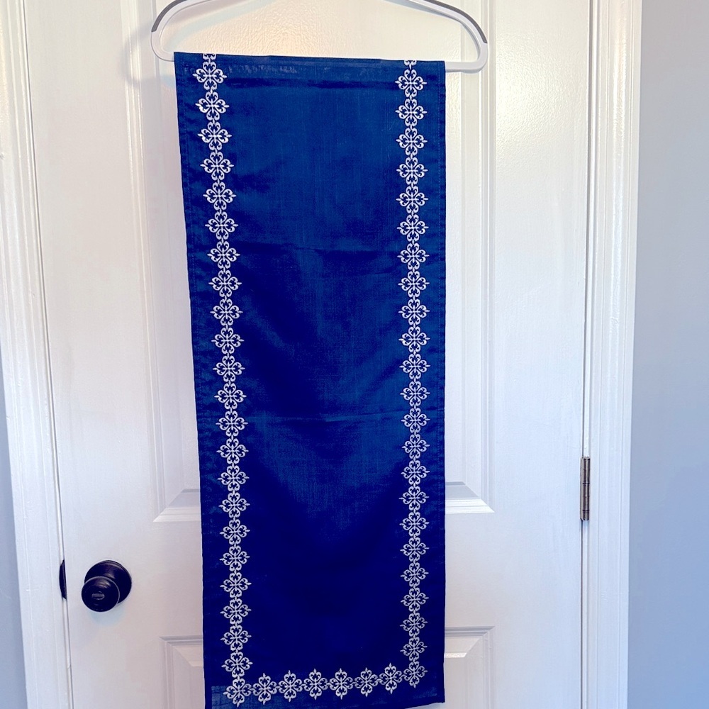 Blue Linen Table Runner with White Embroidered Floral Trim